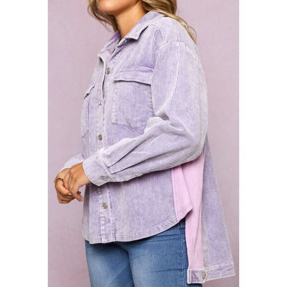 Peach Love Pink Lilac Corduroy Shacket High Low Contrast Button Up IJ34351-01 - Picture 5 of 5